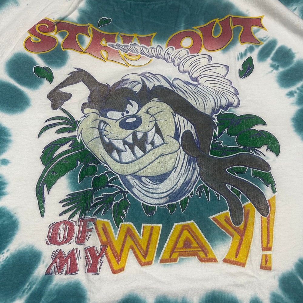 Vintage 1999 Looney Tunes Taz Tie Dye T-Shirt Stay Out Of My Way Teal 26W 28W